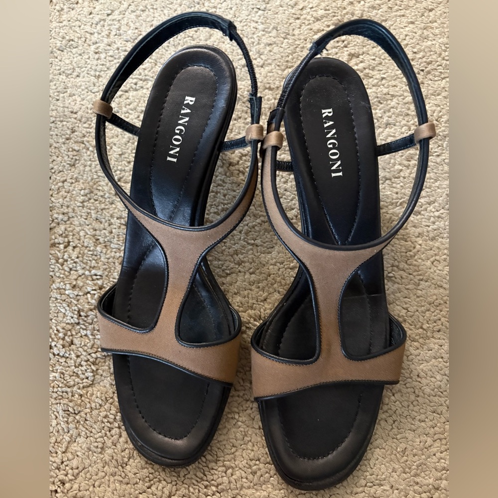 Women’s Rangoni Made in Italy Brown Black Low Heel Sandals. Size 8 AA.